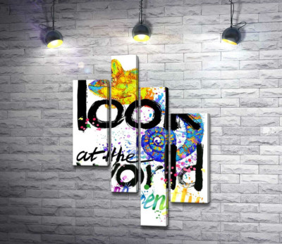 Надпись "look at the world differently" с силуэтом хамелеона