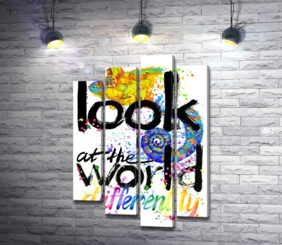 Напис "look at the world differently" з силуетом хамелеона
