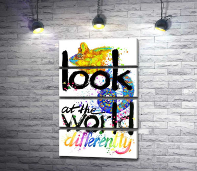 Напис "look at the world differently" з силуетом хамелеона