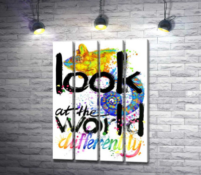 Модульна картина "Напис "look at the world differently" з силуетом хамелеона"