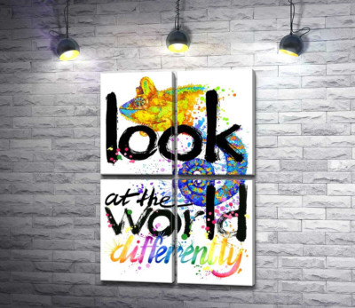 Модульная картина "Надпись "look at the world differently" с силуэтом хамелеона"