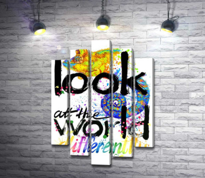 Модульная картина "Надпись "look at the world differently" с силуэтом хамелеона"