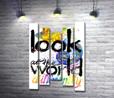 Модульная картина "Надпись "look at the world differently" с силуэтом хамелеона"