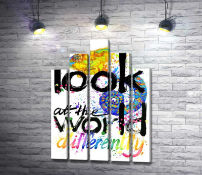 Модульная картина "Надпись "look at the world differently" с силуэтом хамелеона"