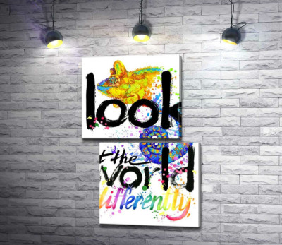 Модульна картина "Напис "look at the world differently" з силуетом хамелеона"