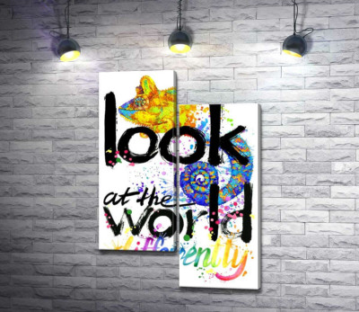 Модульная картина "Надпись "look at the world differently" с силуэтом хамелеона"
