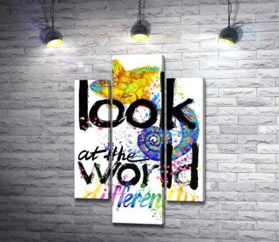 Модульна картина "Напис "look at the world differently" з силуетом хамелеона"
