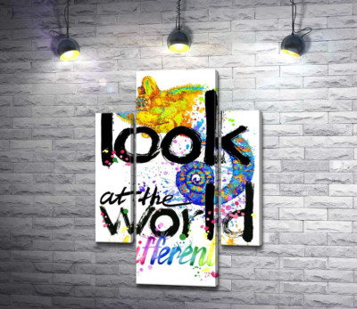 Модульная картина "Надпись "look at the world differently" с силуэтом хамелеона"