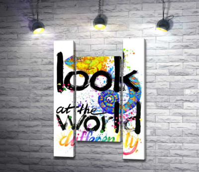Модульна картина "Напис "look at the world differently" з силуетом хамелеона"