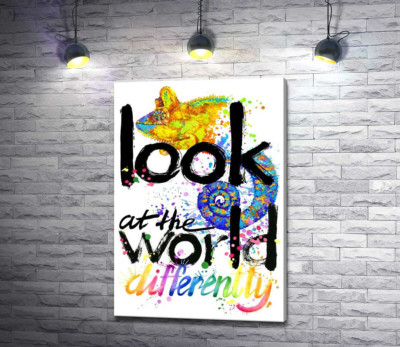 Напис "look at the world differently" з силуетом хамелеона