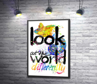 Постер "Надпись "look at the world differently" с силуэтом хамелеона"