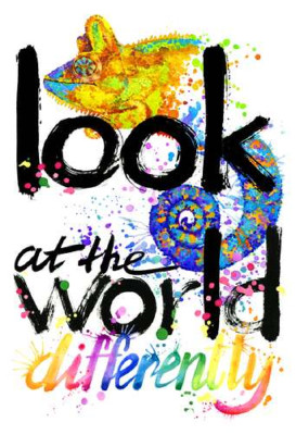 Надпись "look at the world differently" с силуэтом хамелеона