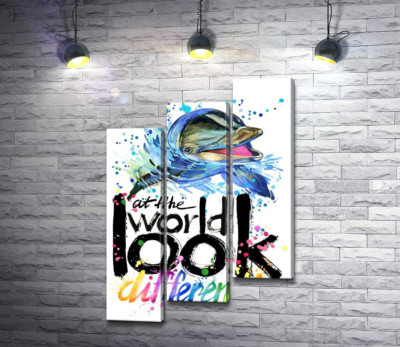 Веселий дельфін з написом "look at the world differently"