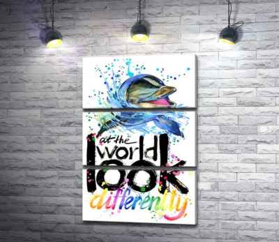 Модульная картина "Веселый дельфин с надписью "look at the world differently""