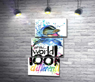 Веселий дельфін з написом "look at the world differently"