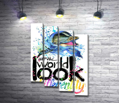 Модульная картина "Веселый дельфин с надписью "look at the world differently""