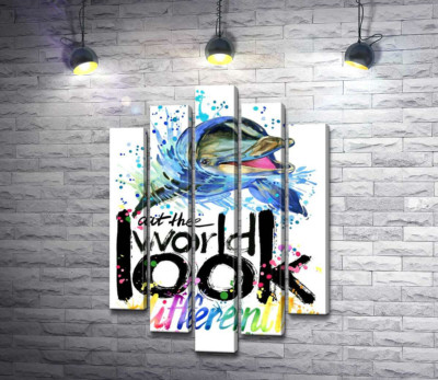 Модульная картина "Веселый дельфин с надписью "look at the world differently""