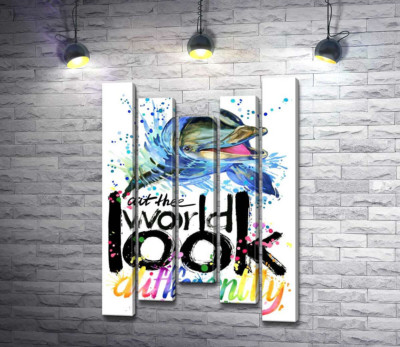 Модульная картина "Веселый дельфин с надписью "look at the world differently""