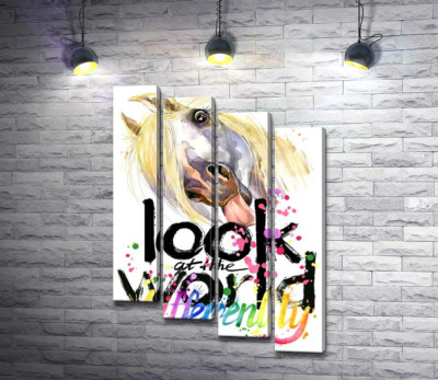 Модульная картина "Надпись "look at the world differently" и белая лошадь, показывающая язык"