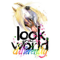 Надпись "look at the world differently" и белая лошадь, показывающая язык