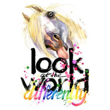 Напис "look at the world differently" та білий кінь, що показує язик