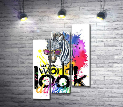 Модульна картина "Стильна зебра в окулярах з написом "look at the world differently""