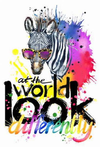 Стильная зебра в очках с надписью "look at the world differently"