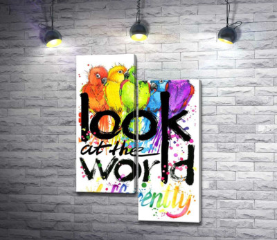 Радужные оттенки оперения попугаев и надпись "look at the world differently"