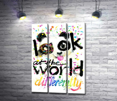 Модульная картина "Веселая панда с донатсом и надписью "look at the world differently""