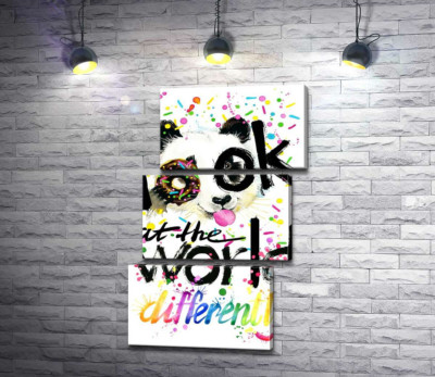 Весела панда з донатсом та написом "look at the world differently"