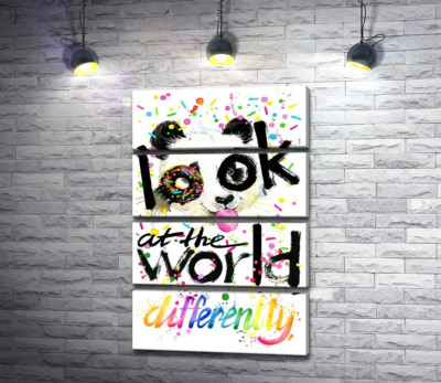 Веселая панда с донатсом и надписью "look at the world differently"