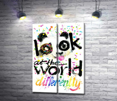 Веселая панда с донатсом и надписью "look at the world differently"