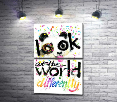 Модульна картина "Весела панда з донатсом та написом "look at the world differently""