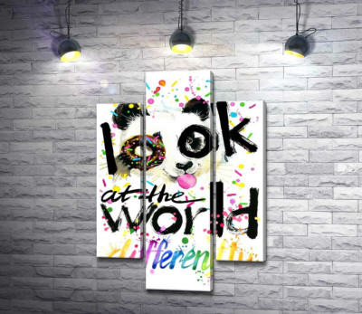 Модульная картина "Веселая панда с донатсом и надписью "look at the world differently""