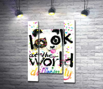 Модульна картина "Весела панда з донатсом та написом "look at the world differently""