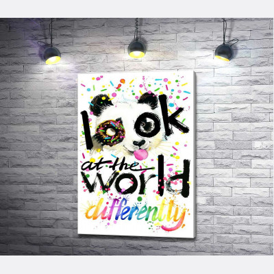 Весела панда з донатсом та написом "look at the world differently"