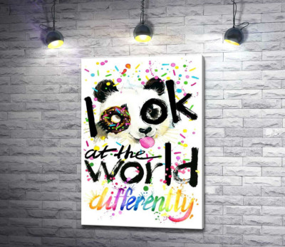 Весела панда з донатсом та написом "look at the world differently"