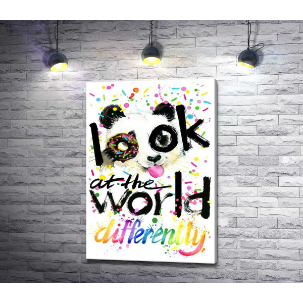 Веселая панда с донатсом и надписью "look at the world differently"