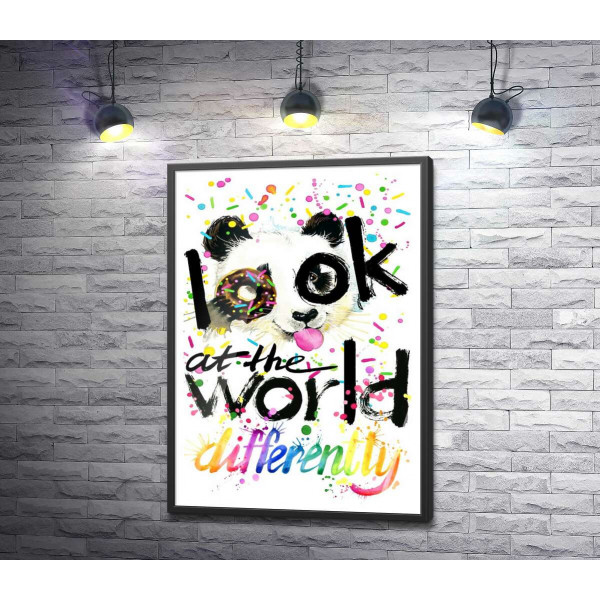 Веселая панда с донатсом и надписью "look at the world differently"