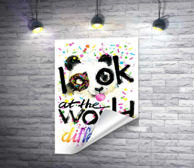 Весела панда з донатсом та написом "look at the world differently"