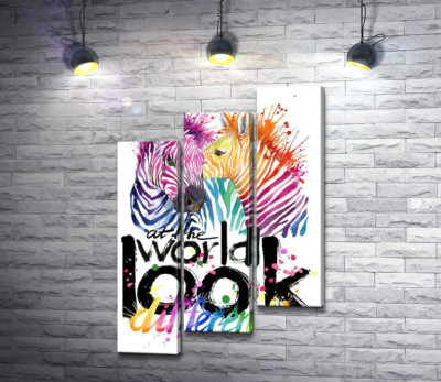 Модульная картина "Цветные полоски зебр и надпись "look at the world differently""