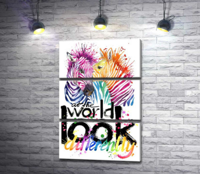 Кольорові полоски зебр та напис "look at the world differently"