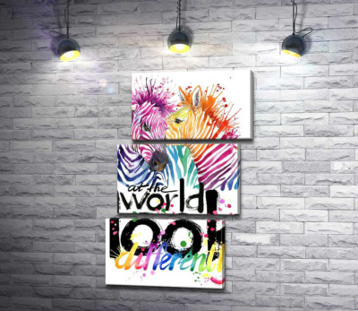 Модульна картина "Кольорові полоски зебр та напис "look at the world differently""