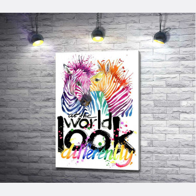 Кольорові полоски зебр та напис "look at the world differently"