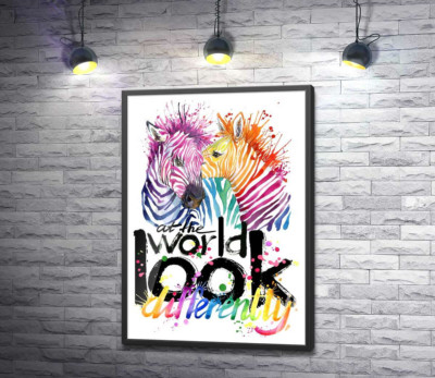 Постер "Кольорові полоски зебр та напис "look at the world differently""