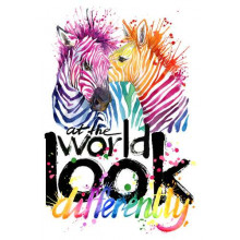 Цветные полоски зебр и надпись "look at the world differently"