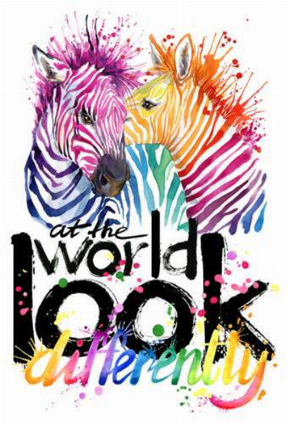 Цветные полоски зебр и надпись "look at the world differently"