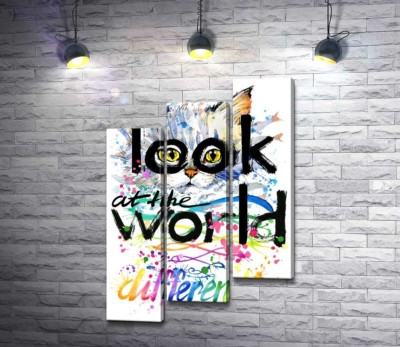 Модульная картина "Желтые глаза кота выглядывают из-за надписи "look at the world differently""