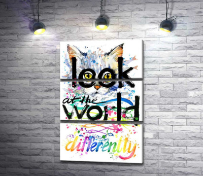 Жовті очі кота виглядають з-за напису "look at the world differently"