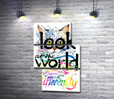 Модульна картина "Жовті очі кота виглядають з-за напису "look at the world differently""